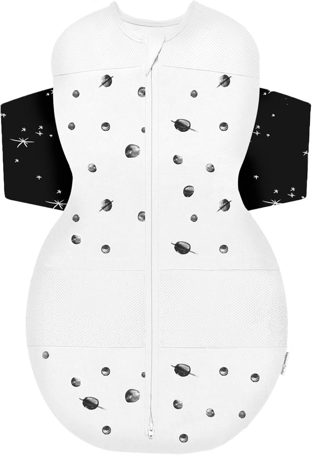 imageHappiest Baby SNOO Sleep Sack 100 Organic Cotton Baby Swaddle Blanket Doctor Designed Promotes Healthy Hip Development White SmallIvory Planets Black Wings