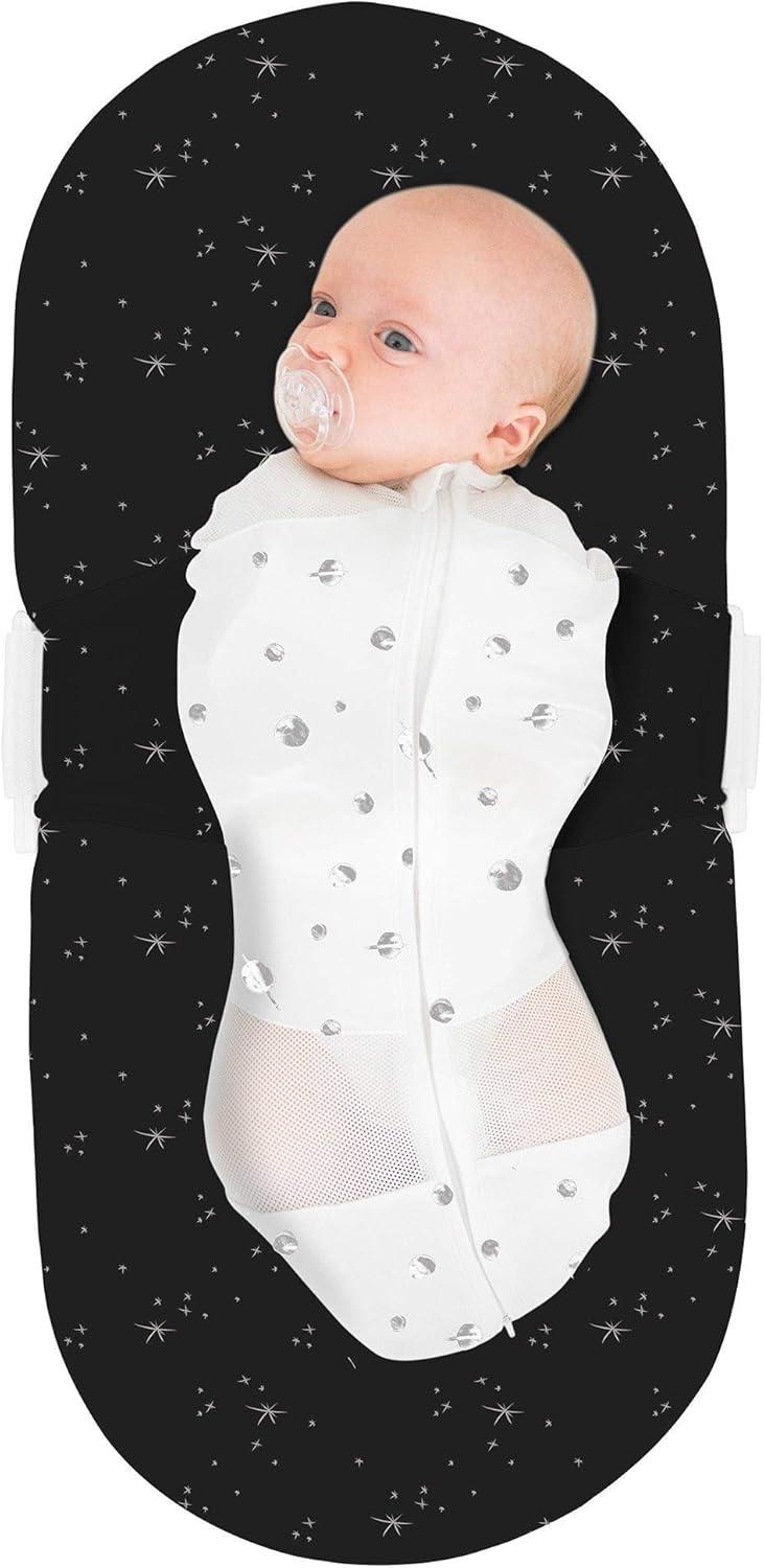 imageHappiest Baby SNOO Sleep Sack 100 Organic Cotton Baby Swaddle Blanket Doctor Designed Promotes Healthy Hip Development White SmallIvory Planets Black Wings