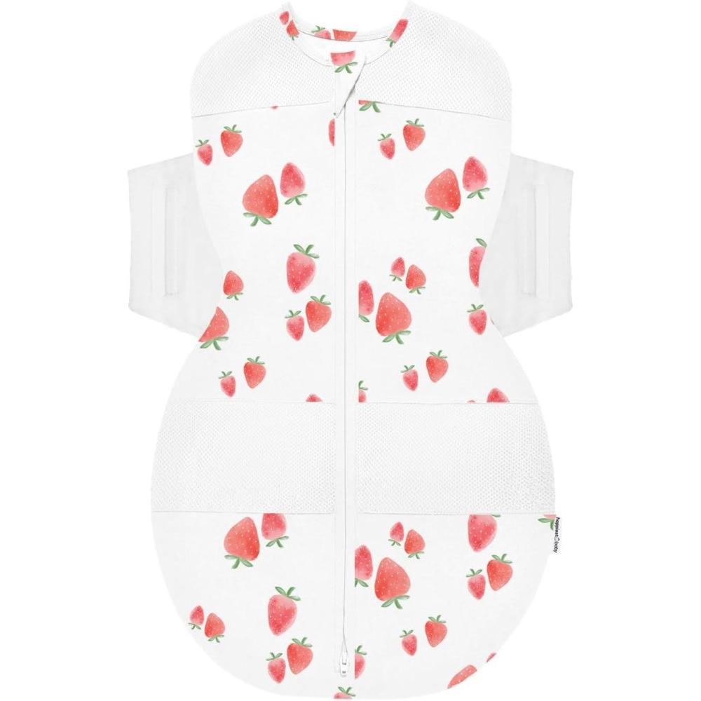 imageHappiest Baby SNOO Sleep Sack 100 Organic Cotton Baby Swaddle Blanket Doctor Designed Promotes Healthy Hip Development White SmallIvory Strawberries