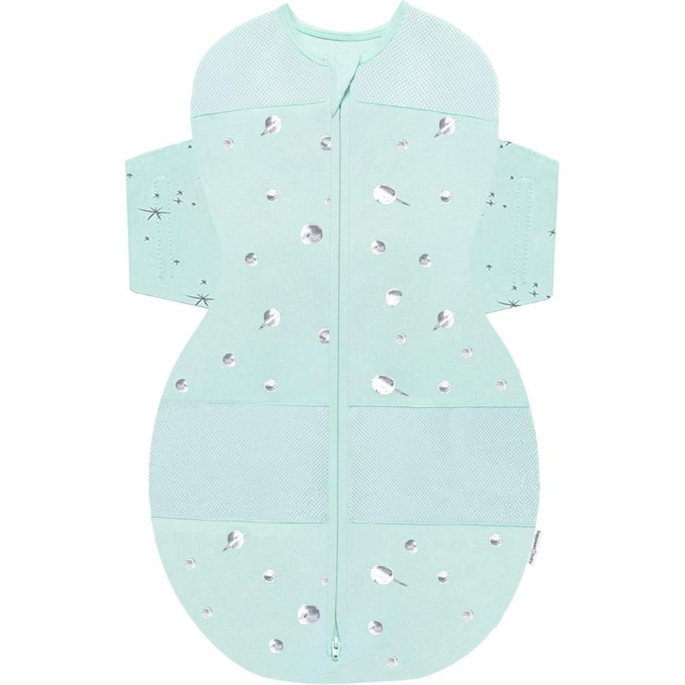 imageHappiest Baby SNOO Sleep Sack  100 Organic Cotton Baby Swaddle Blanket  Doctor Designed Promotes Healthy Hip Development White SmallTeal Planets